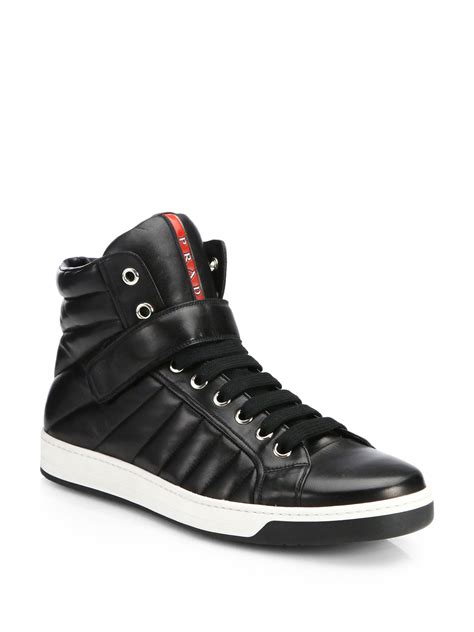 prada men s leather zip-side high-top sneakers in black